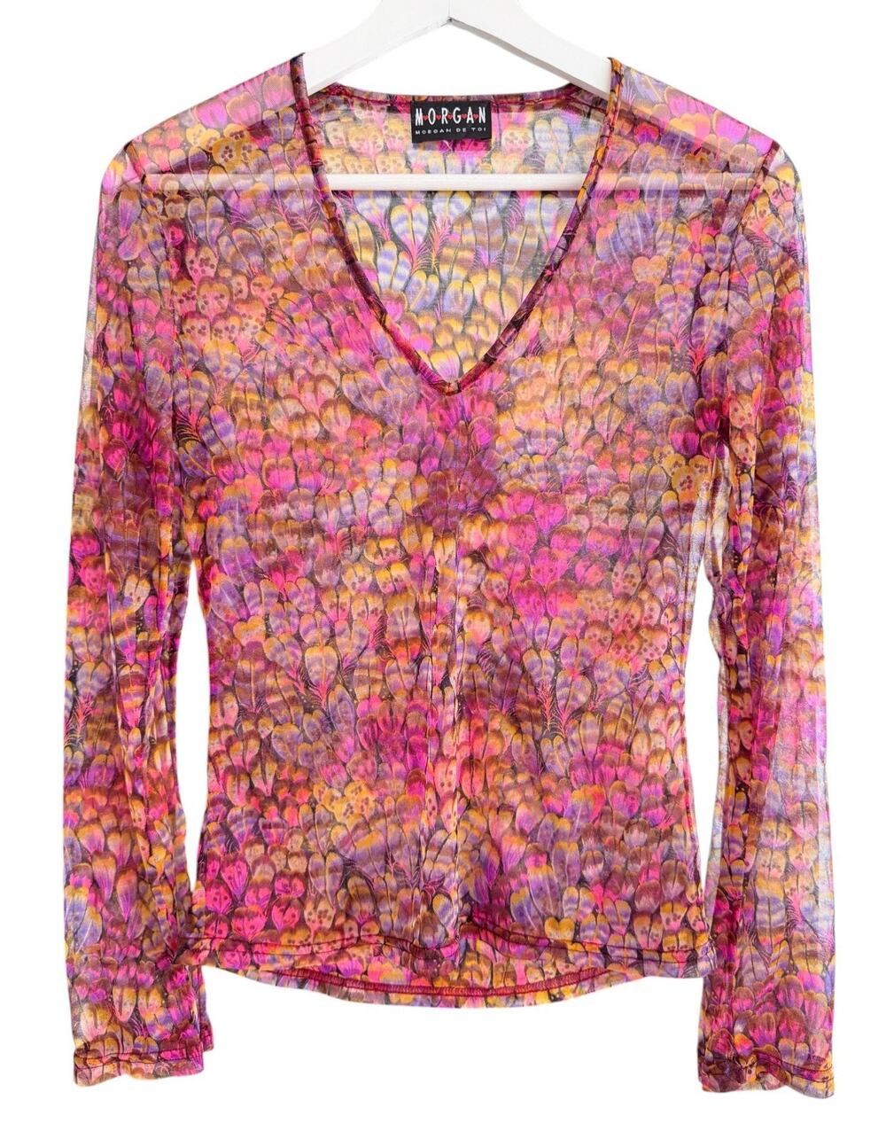 Morgan De Toi Y2K Vintage Sheer Mesh Neon Feather Print Top Fairy Whimsigoth